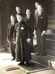 Prince Demchugdongrub (center) visits the Japanese Imperial Palace, February 1941