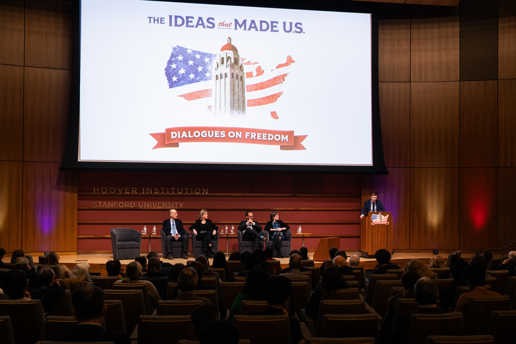 Speakers for Ideas That Made U.S.: Dialogues on Freedom, are seen in Hauck Auditorium on February 11, 2026. (Patrick Beaudouin) 