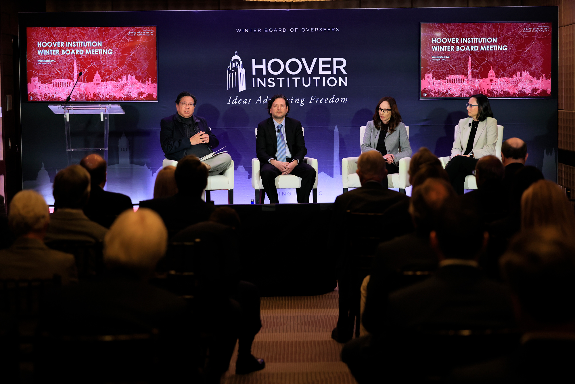 (From left to right) Hoover fellows Herbert Lin, Simone D’Amico, Amy Zegart, and Allison Okamura present insights from the 2026 Stanford Emerging Technology Review in Washington, DC, on February 23, 2026. (Eric Draper)