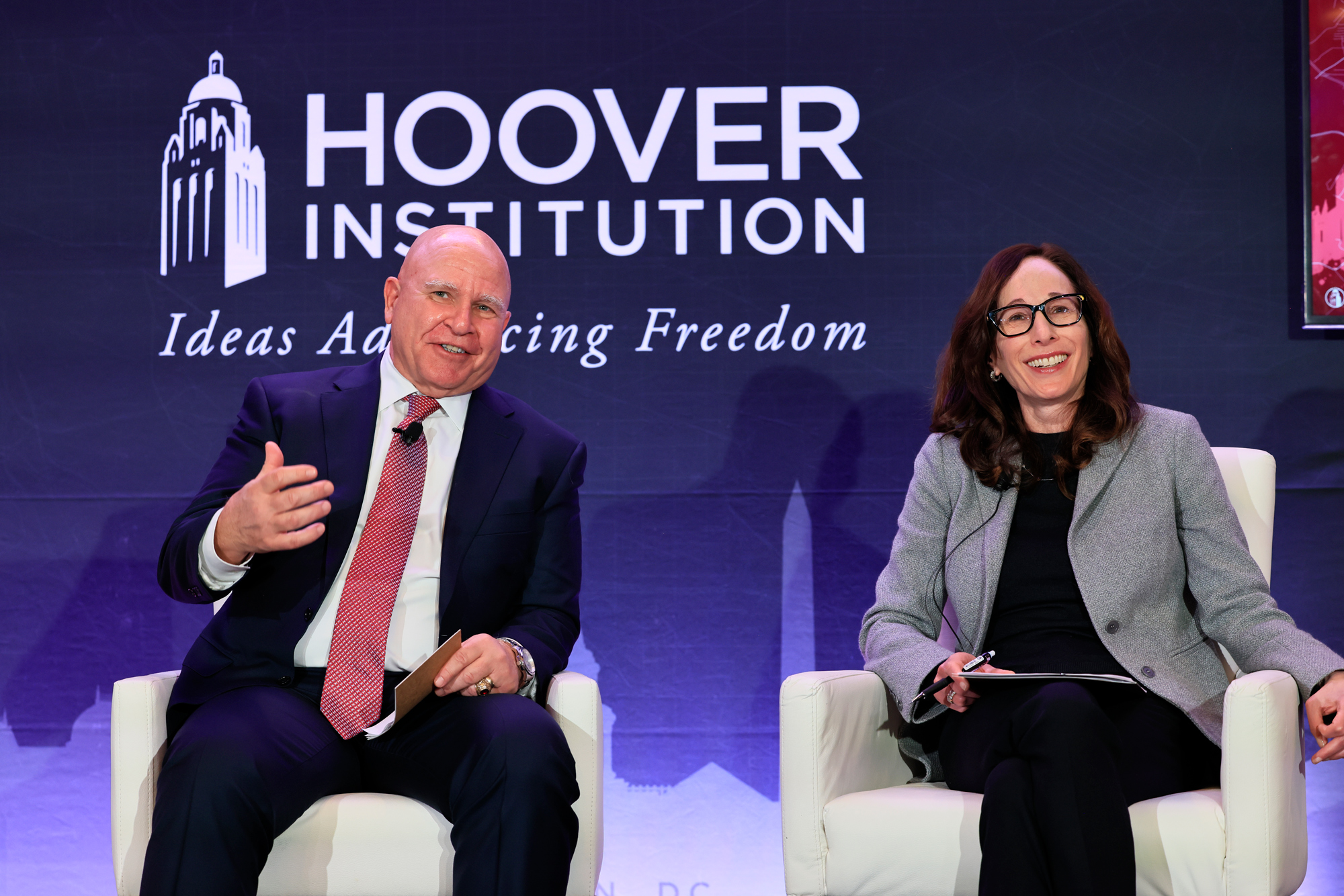 Senior Fellows H.R. McMaster and Amy Zegart speak about Tech Track 2 and the impacts of new technology on military capability and deterrence in Washington, DC, on February 23, 2026. (Eric Draper)