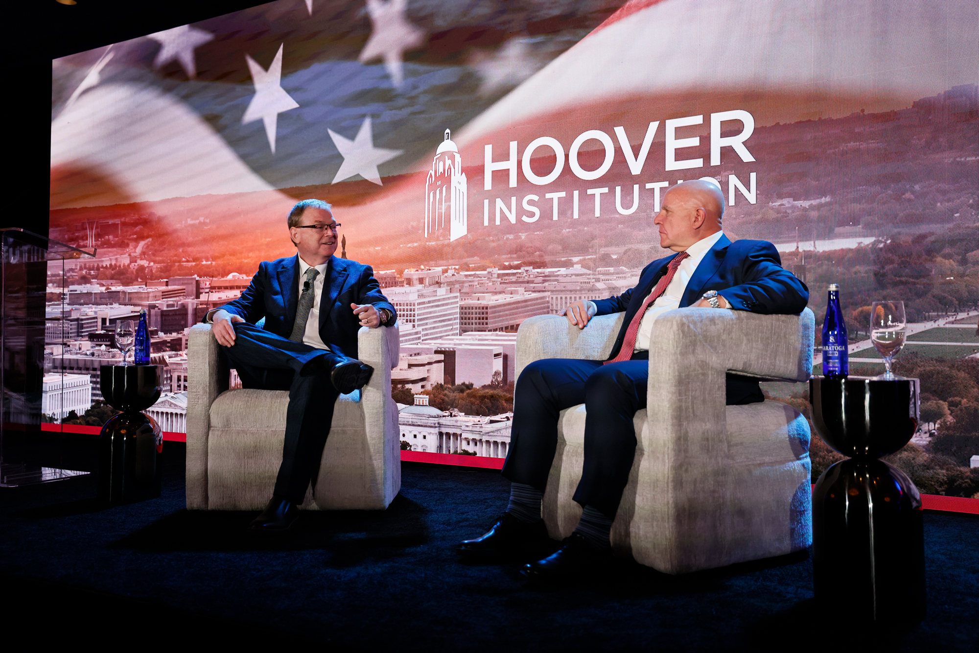 US National Economic Council Director Kevin Hassett and Senior Fellow H.R. McMaster engage in conversation during the Hoover Institution’s Winter Board of Overseers meeting on February 23, 2026. (Eric Draper)