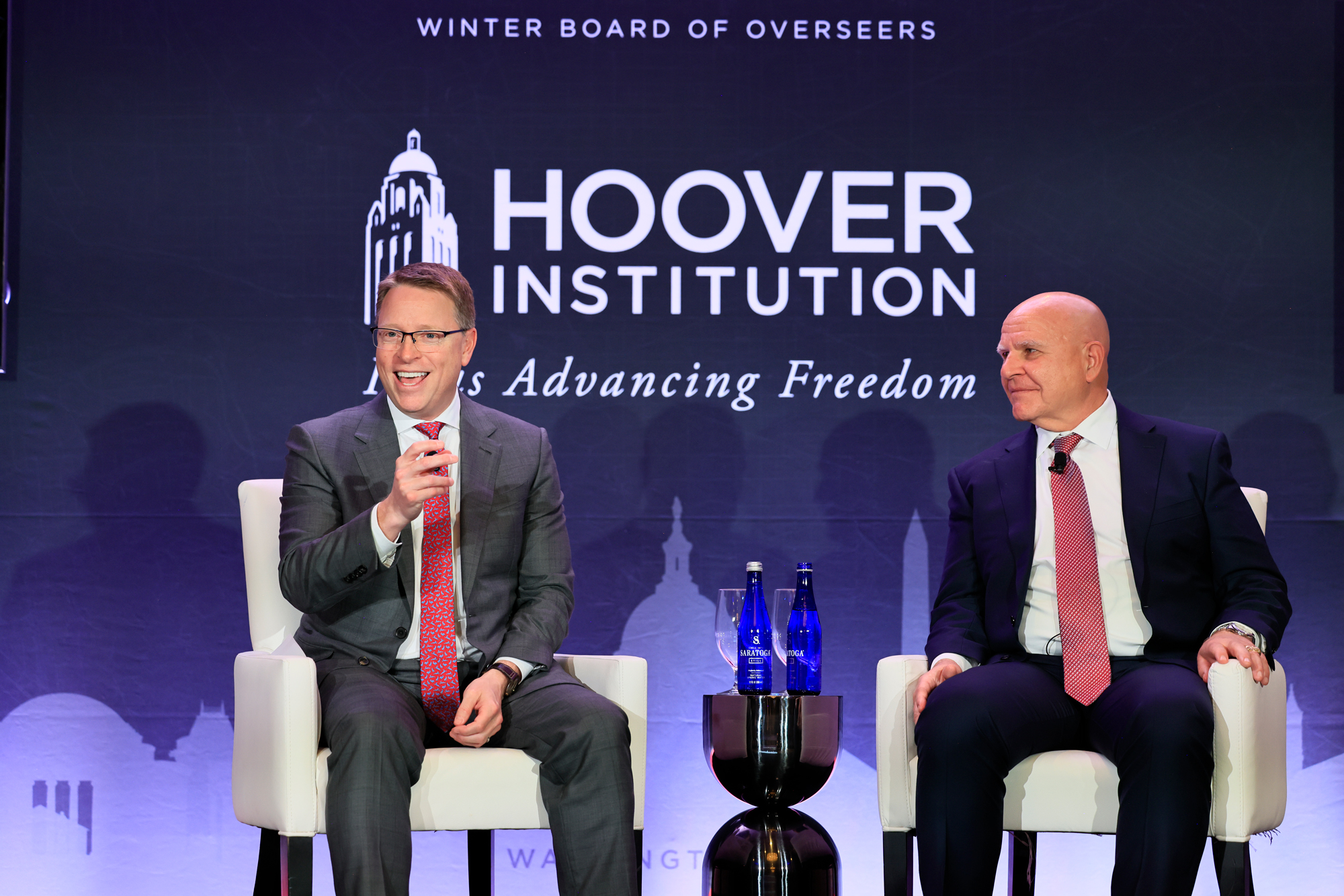 Distinguished Visiting Fellow Matt Pottinger and Senior Fellow H.R. McMaster discuss Hoover’s new Human Security Project in Washington, DC, on February 23, 2026. (Eric Draper)
