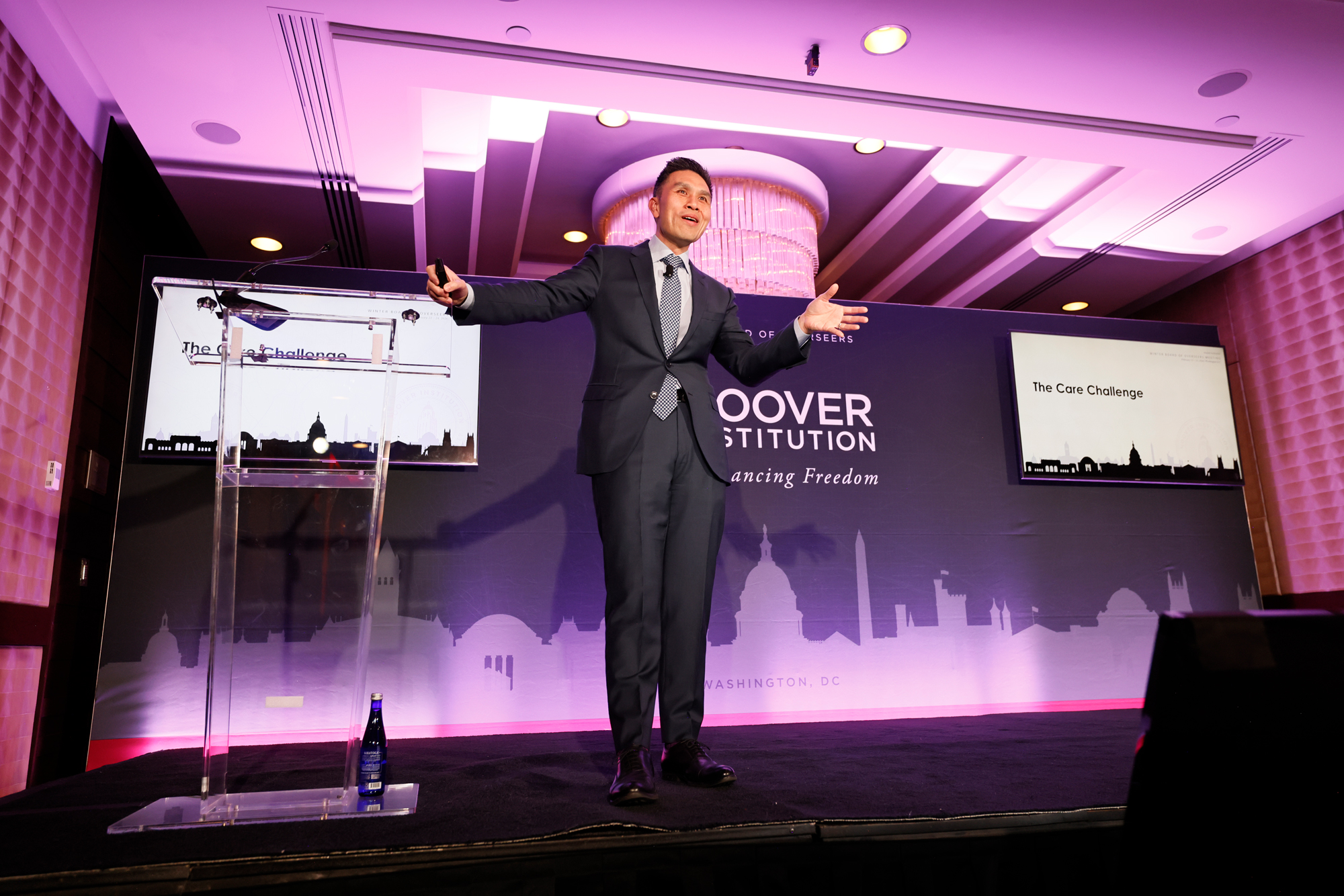 Distinguished Policy Fellow Lanhee J. Chen discusses healthcare policy at the Hoover Board of Overseers meeting in Washington, DC, on February 24, 2026. (Eric Draper)