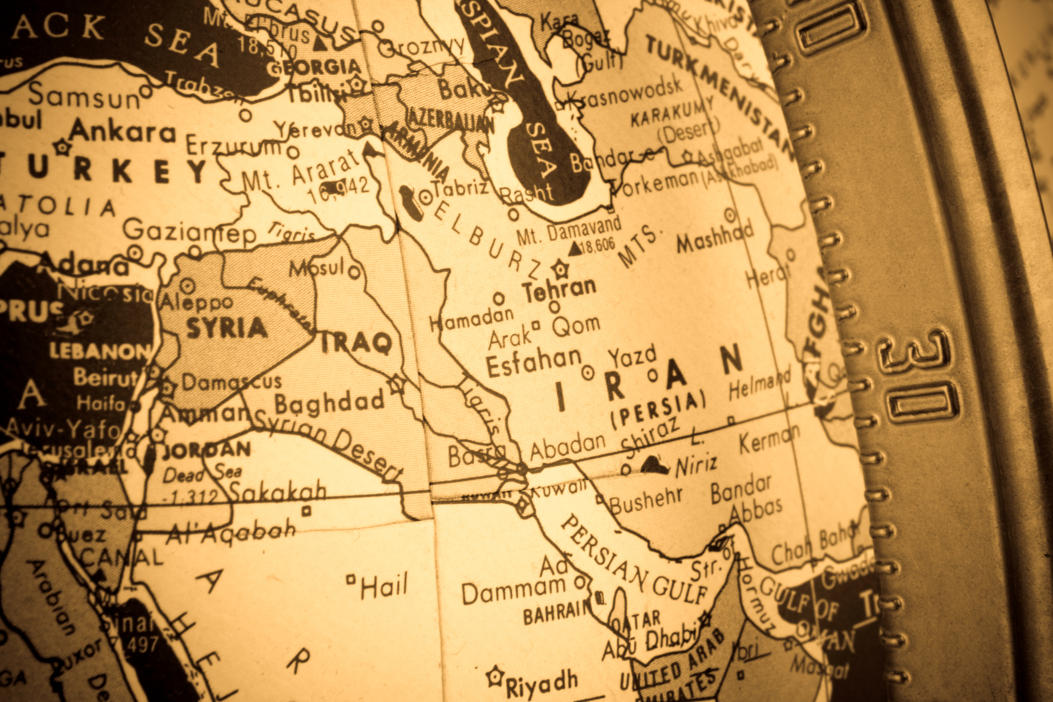 Closeup of Middle East Map Region On Globe Cross-processed - stock photo