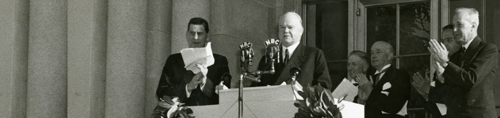 Black and white photo of Herbert Hoover dedicating the Hoover Tower in 1941