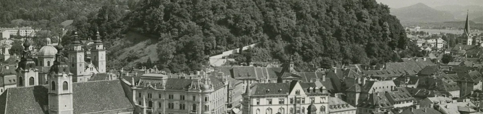 Black and white photograph of a historic European town in the former Yugoslavia