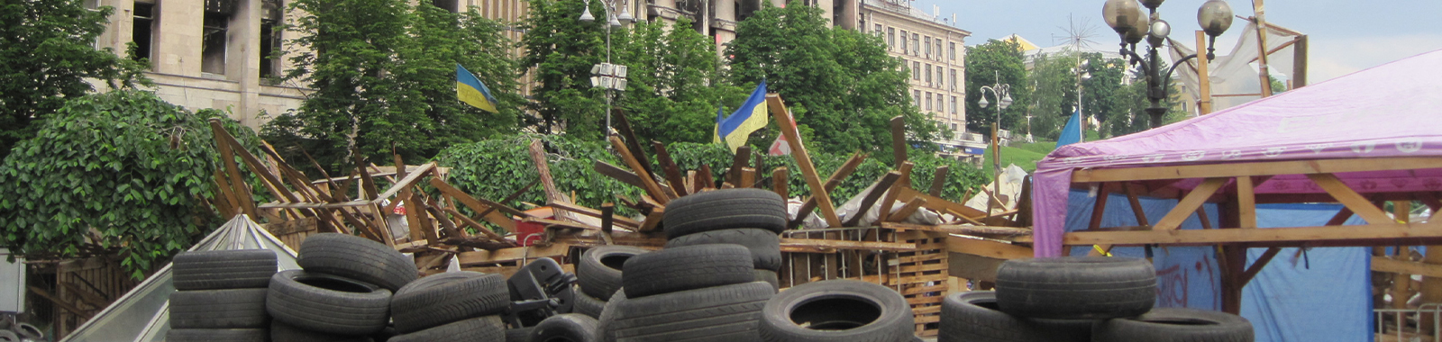 Detail of color photograph showing a barricaded section of Kyiv during the 2014 Maidan 