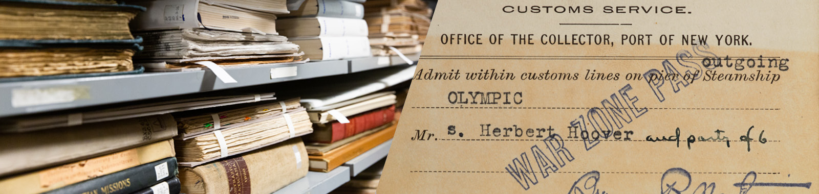 Collage of images depicting books on shelves and war zone pass of Lou Henry Hoover 