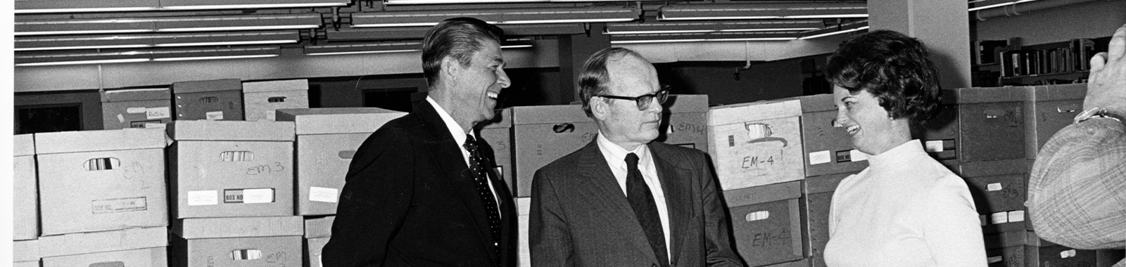 Photograph of Hoover Institution Director Glenn Cambell with Rondal Regan and his recently donated gubernatorial records