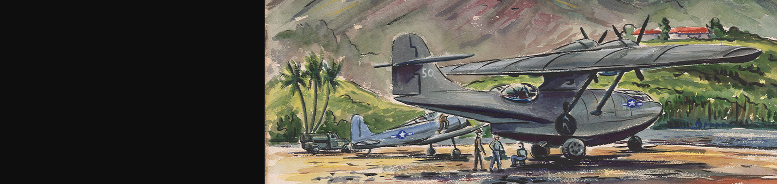 Watercolor of US military aircraft on New Caledonia