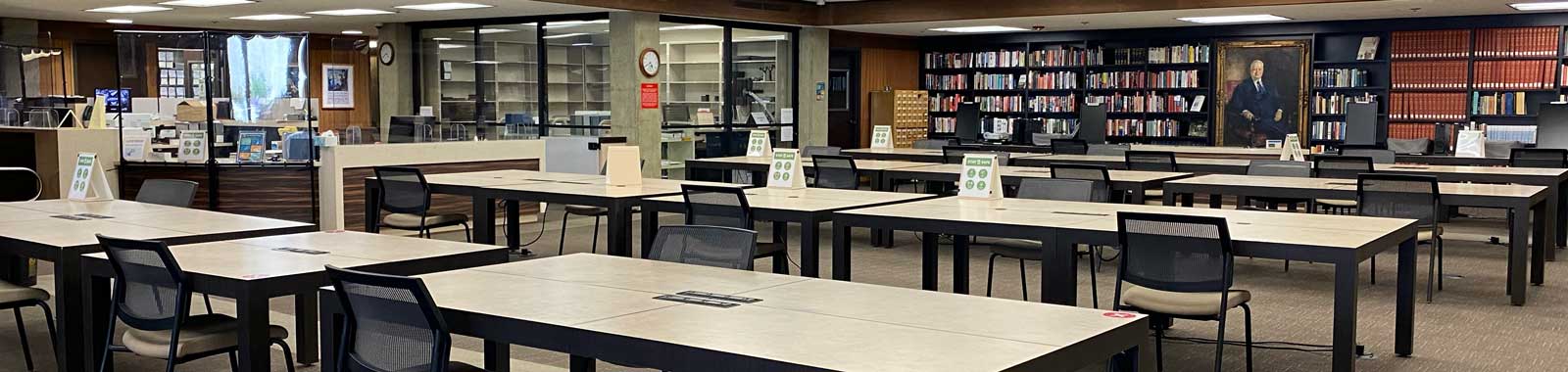 Reading room tables chairs bookshelves