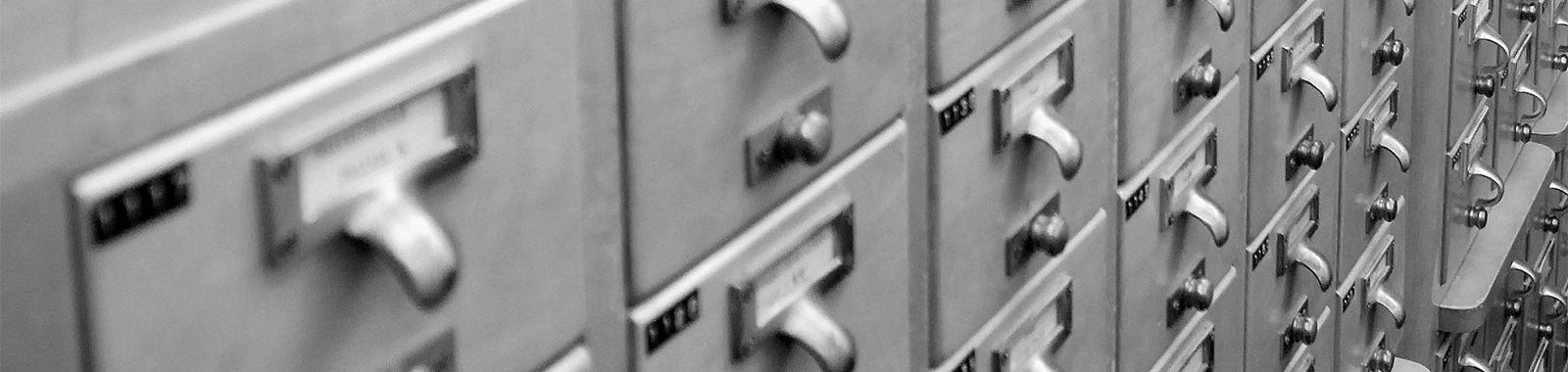 black and white photograph detail of the old card catalog cabinet at Hoover Library
