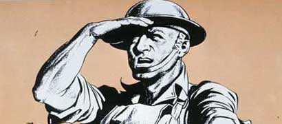Black white illustration of a soldier raising his hand to his brow, beige background