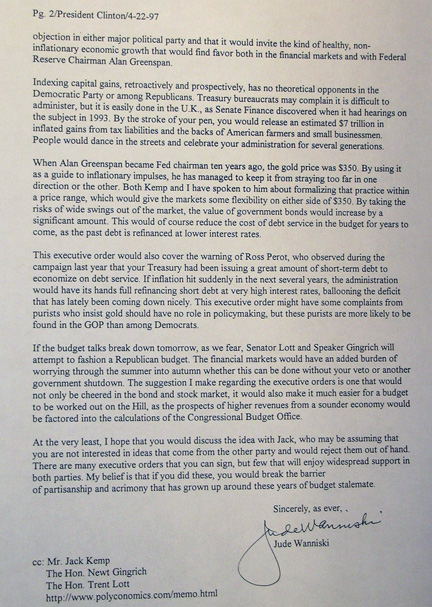 Letter to Wanniski from President Bill Clinton