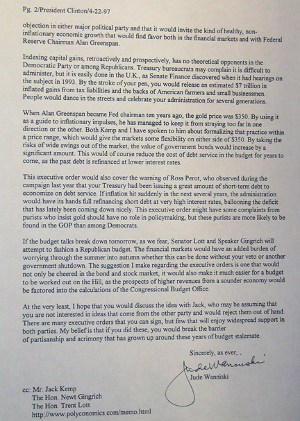 Jude Wanniski’s letter to President Bill Clinton, April 22, 1997, offering suggestions for revising the tax code in regard to estate taxes