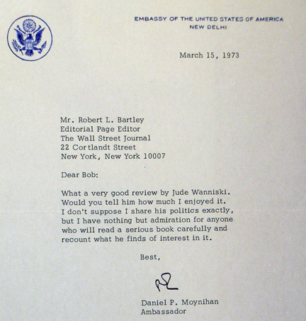 Letter addressed to Bartley from Ambassador (and later U.S. Senator) Daniel P. Moynihan