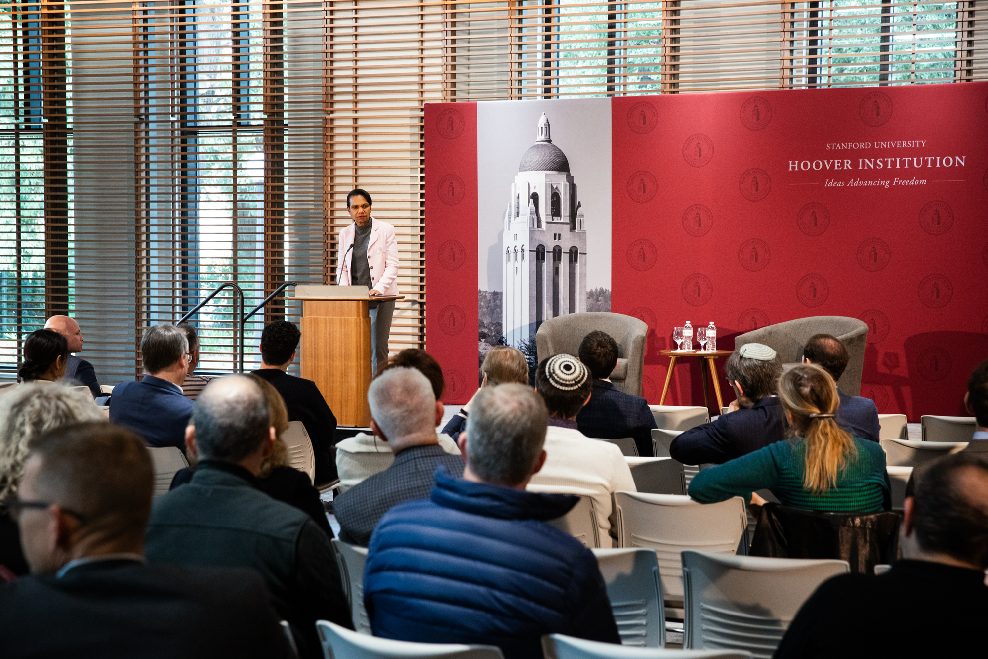 Hoover Institution Director Condoleezza Rice welcomes attendees to the 2025 Hoover History Symposium on anti-Semitism in Shultz Auditorium on February 11, 2025. (Patrick Beaudouin)   