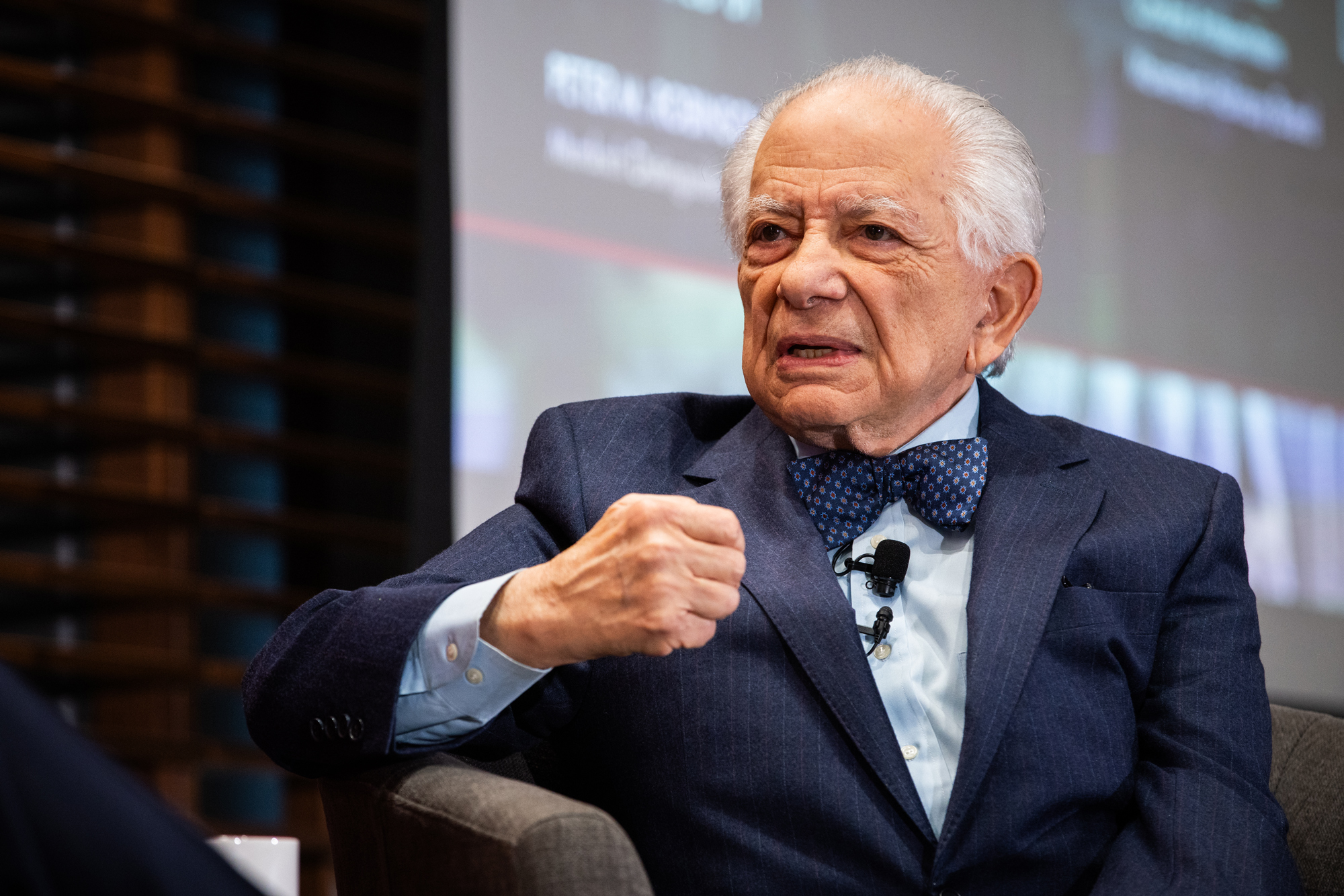 Abraham D. Sofaer, the George P. Shultz Distinguished Scholar and Senior Fellow at the Hoover Institution, speaks at the inaugural George P. Shultz Memorial Lecture on Human Rights on February 12, 2025. (Patrick Beaudouin)