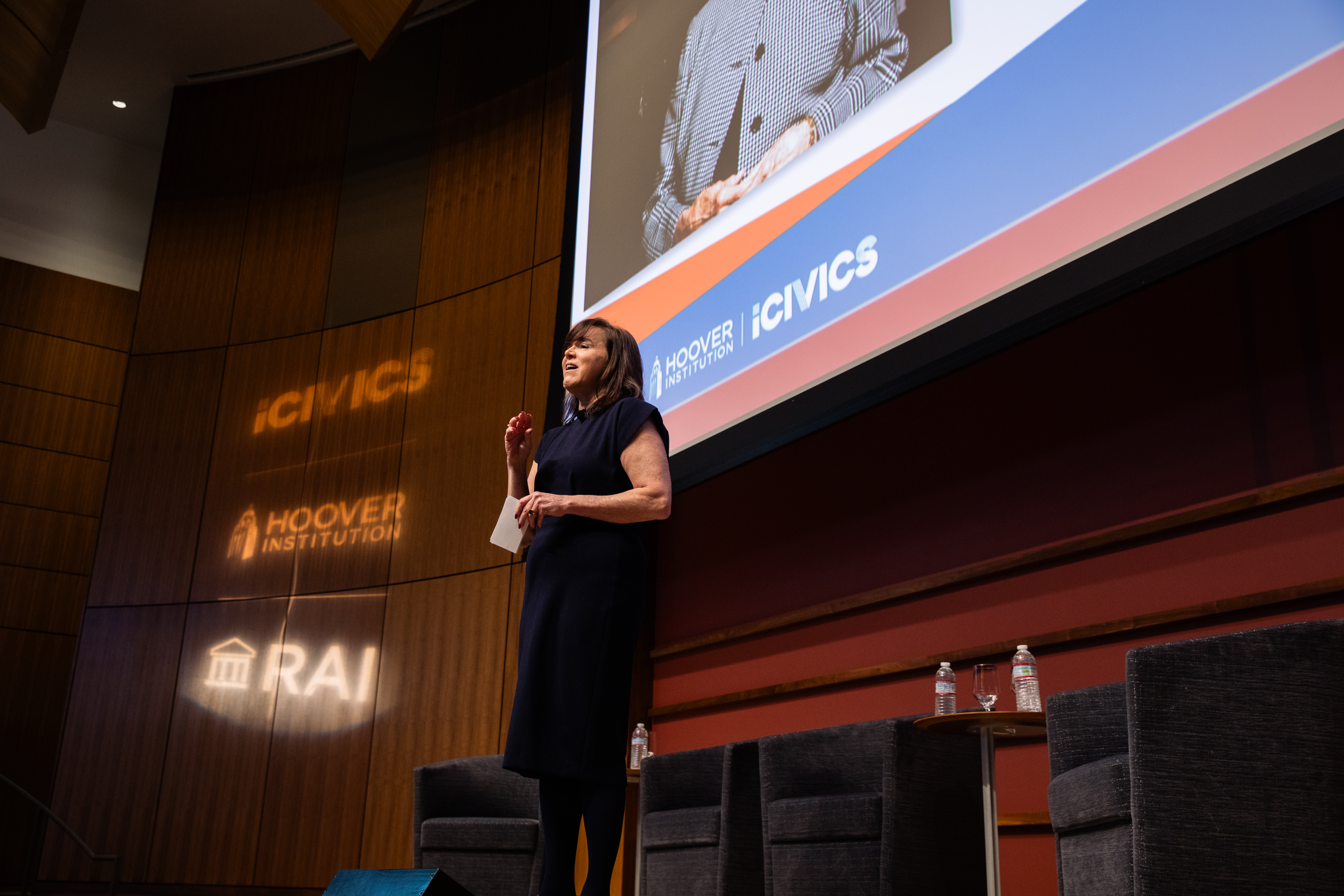 iCivics CEO Louise Dubé speaks to attendees of the iCivics Civic Learning Week National Forum in Hoover’s Hauck Auditorium on March 13, 2025. (Patrick Beaudouin)
