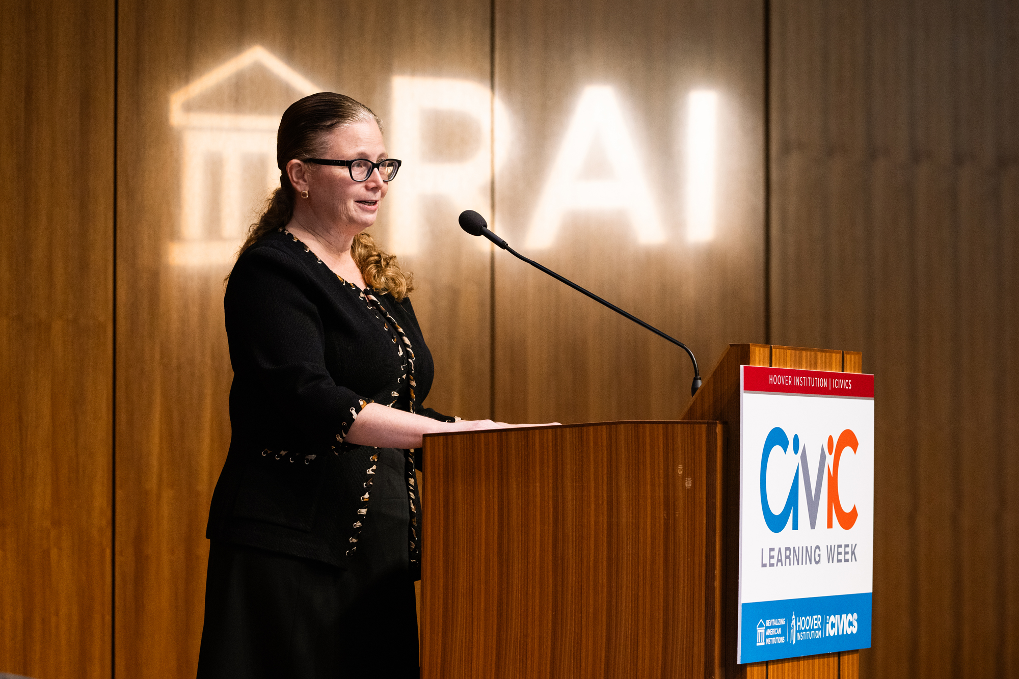 RAI Director Brandice Canes-Wrone speaks at the iCivics Civic Learning Week National Forum at the Hoover Institution on March 13, 2025. (Patrick Beaudouin)