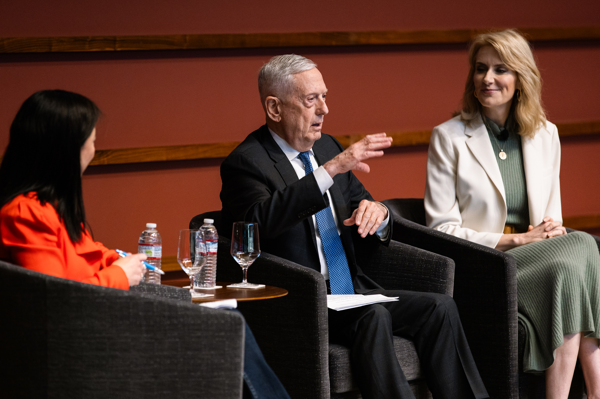 Gen. Jim Mattis speaks to attendees of the iCivics Civic Learning Week National Forum in Hoover’s Hauck Auditorium on March 13, 2025. (Patrick Beaudouin)