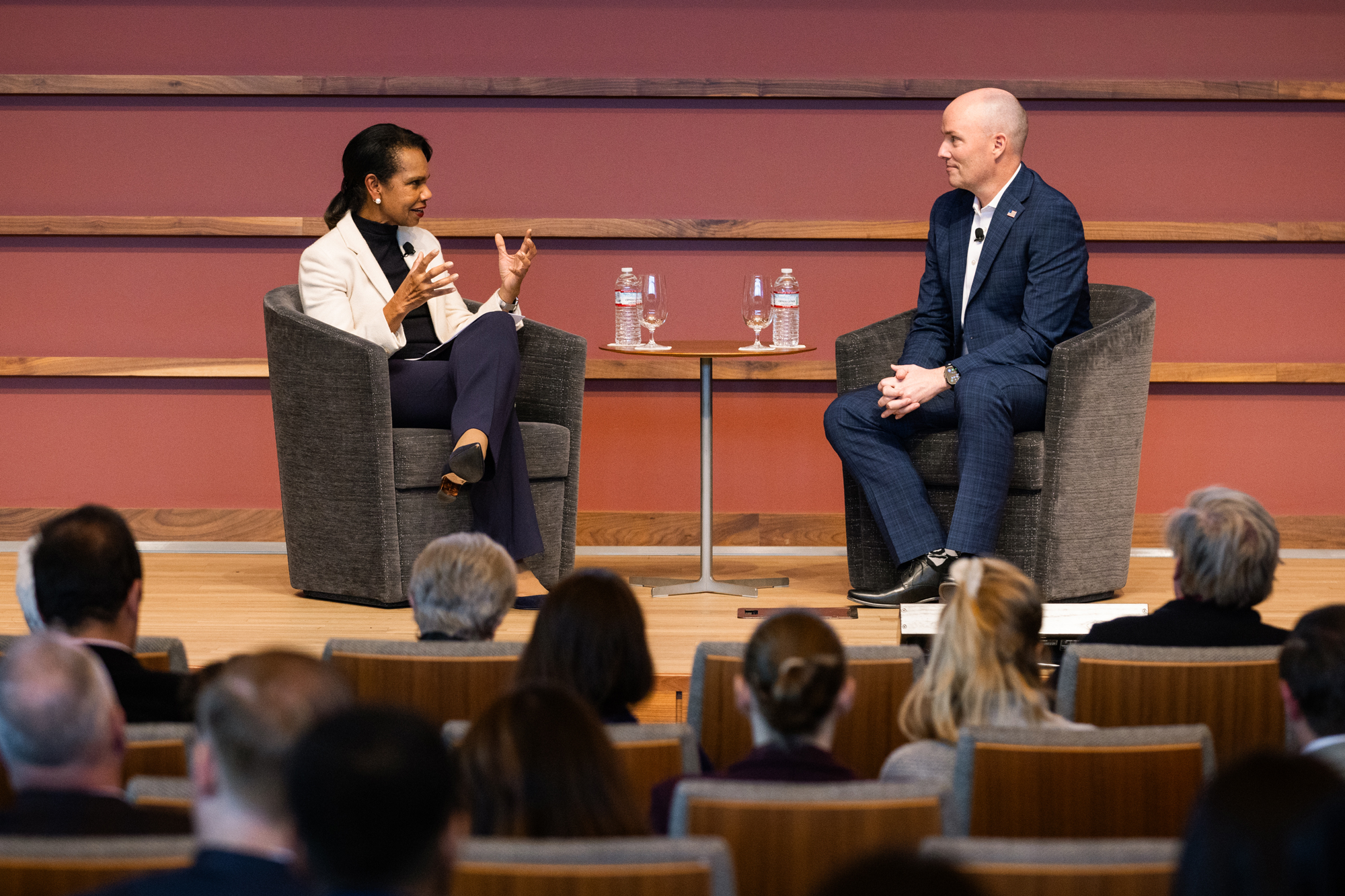 Hoover Institution Director Condoleezza Rice and Utah Governor Spencer Cox speak at the iCivics Civic Learning Week National Forum at the Hoover Institution on March 13, 2025. (Patrick Beaudouin)