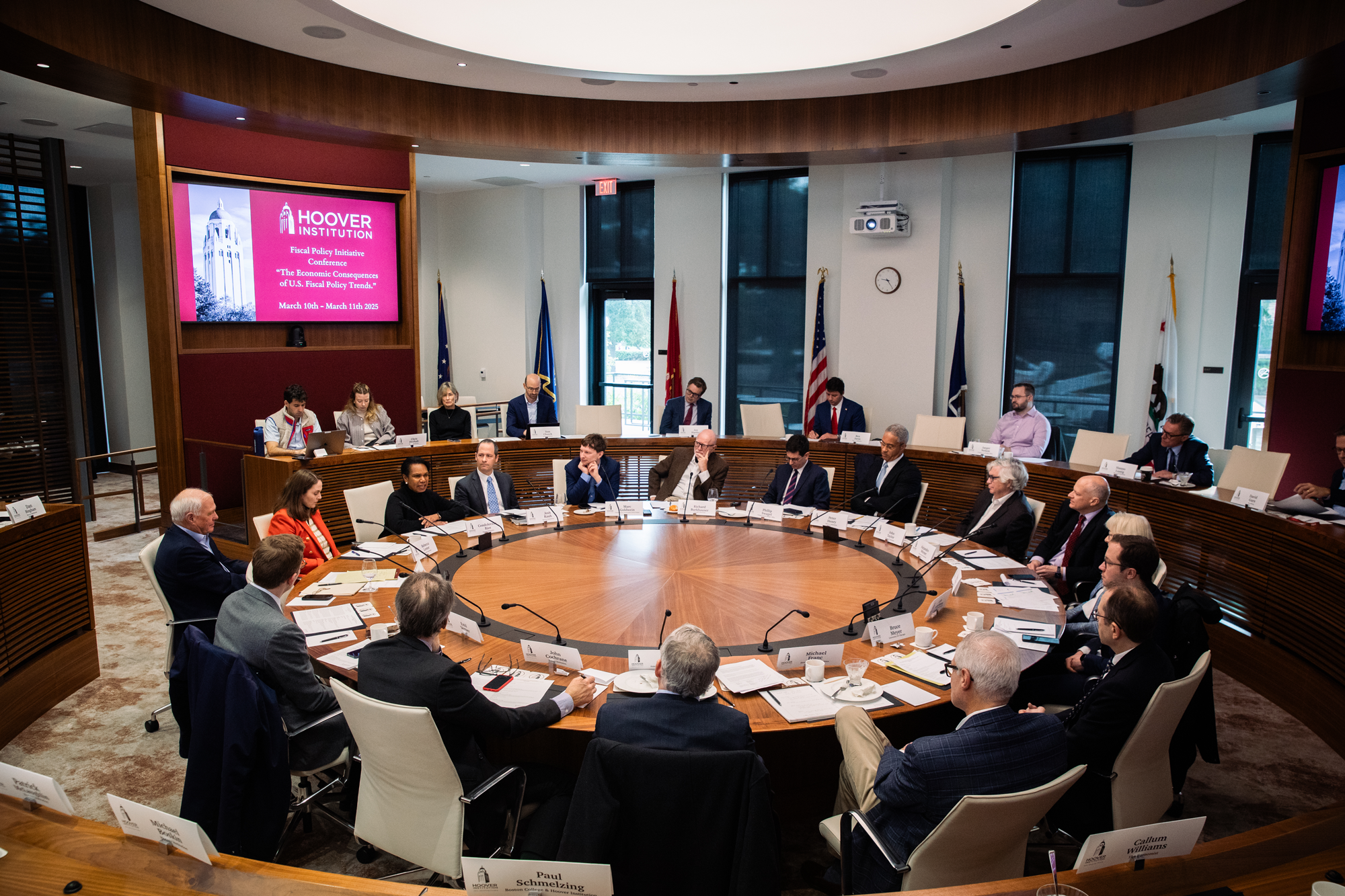 Attendees of the Fiscal Policy Initiative Conference are seen in Annenberg Conference Room at the Hoover Institution on March 10, 2025. (Patrick Beaudouin)