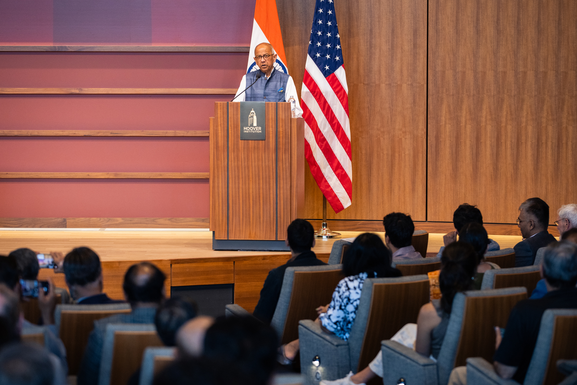 Hoover Senior Fellow Sumit Ganguly addresses an audience in Hauck Auditorium on April 21, 2025. (Patrick Beaudouin)