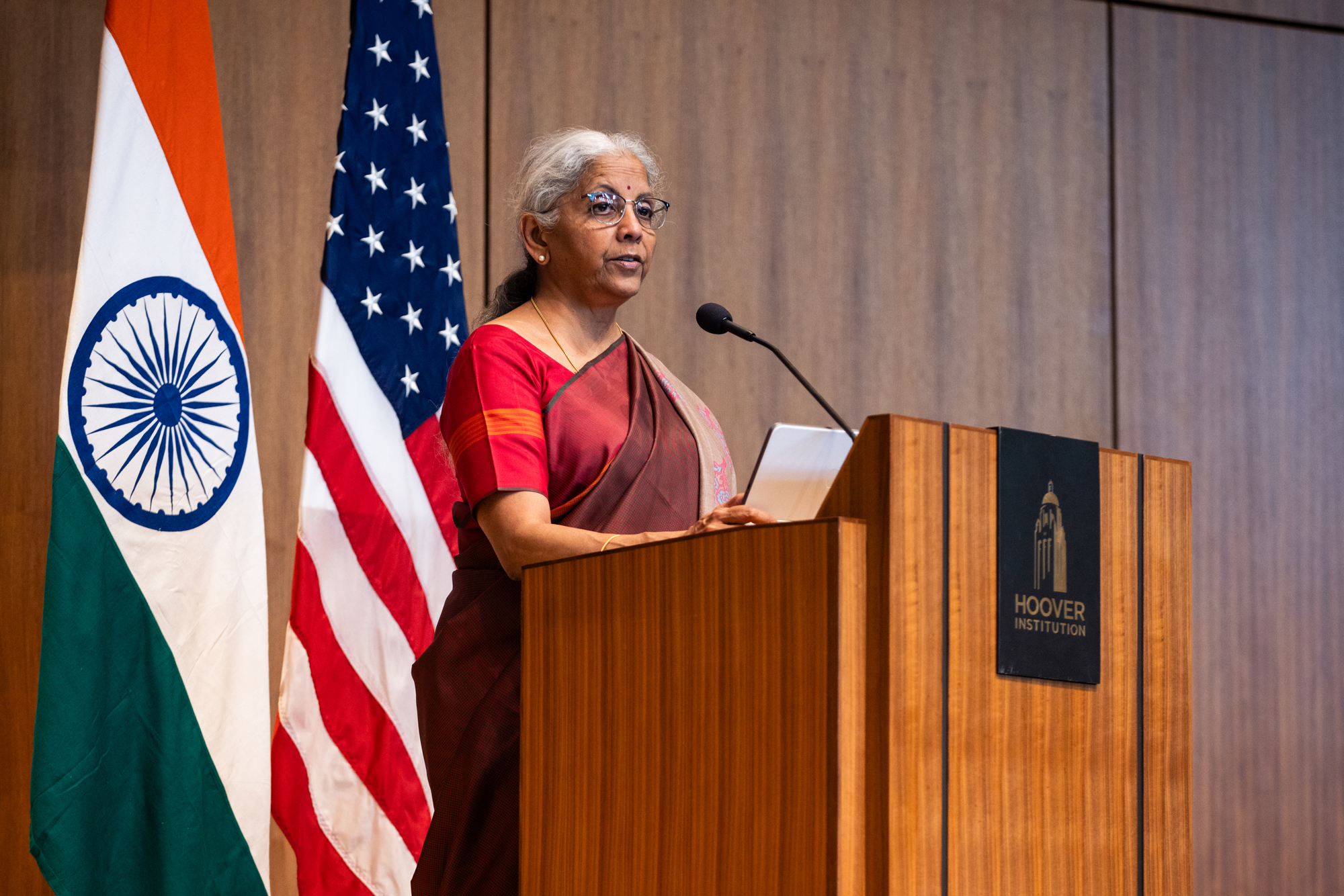 Indian Finance Minister Nirmala Sitharaman speaks about India’s modernization efforts in Hauck Auditorium on April 21, 2025. (Patrick Beaudouin)