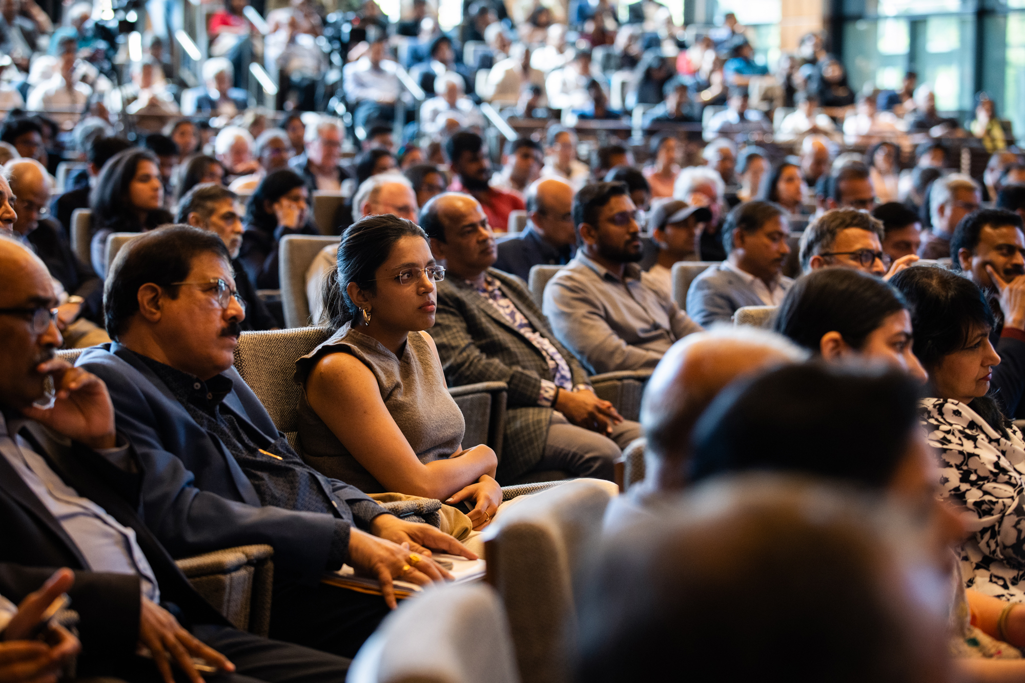 Attendees of Indian Finance Minister Nirmala Sitharaman’s discussion about India’s long term development goals are seen in Hauck Auditorium on April 21, 2025.