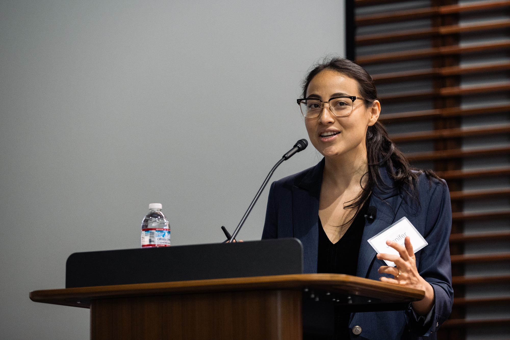 Jennifer Allen of NYY presents her research on the impact of vaccine-skeptic content on Facebook at the Social Media and Democratic Practice conference in Shultz Auditorium on March 17, 2025. (Patrick Beaudouin)