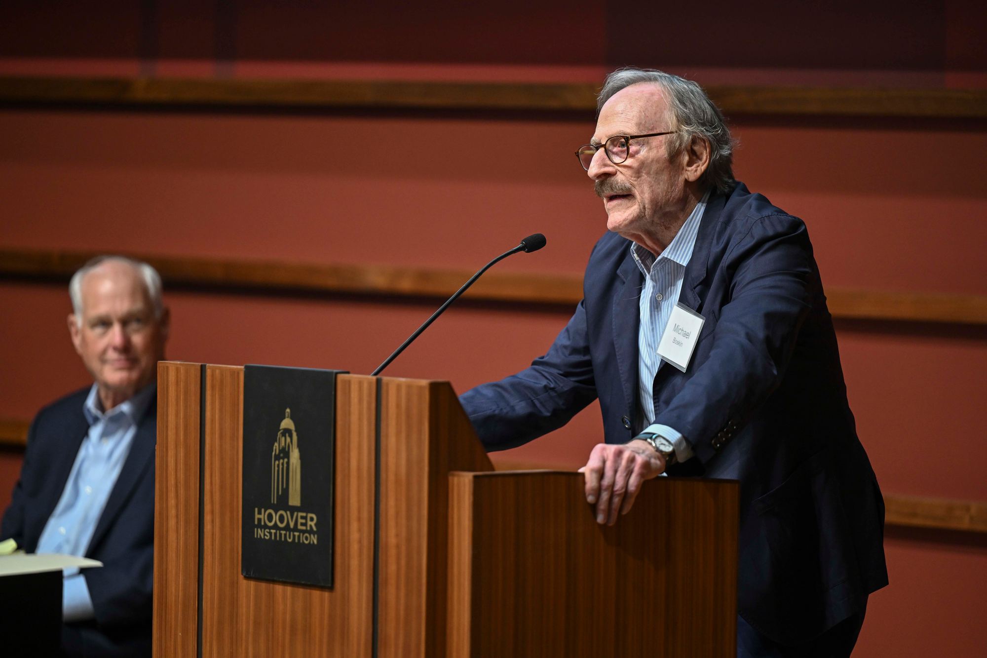 Senior Fellow Michael J. Boskin speaks about America’s fiscal position in Hauck Auditorium on May 9, 2025. (Patrick Beaudouin)