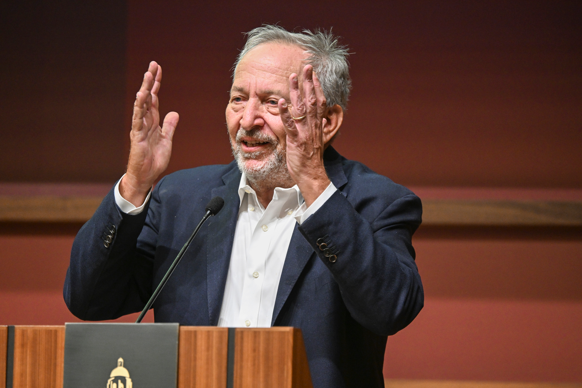 Former US Treasury Secretary Larry Summers speaks about America’s reputation around the world in Hauck Auditorium on May 9, 2025. (Patrick Beaudouin)