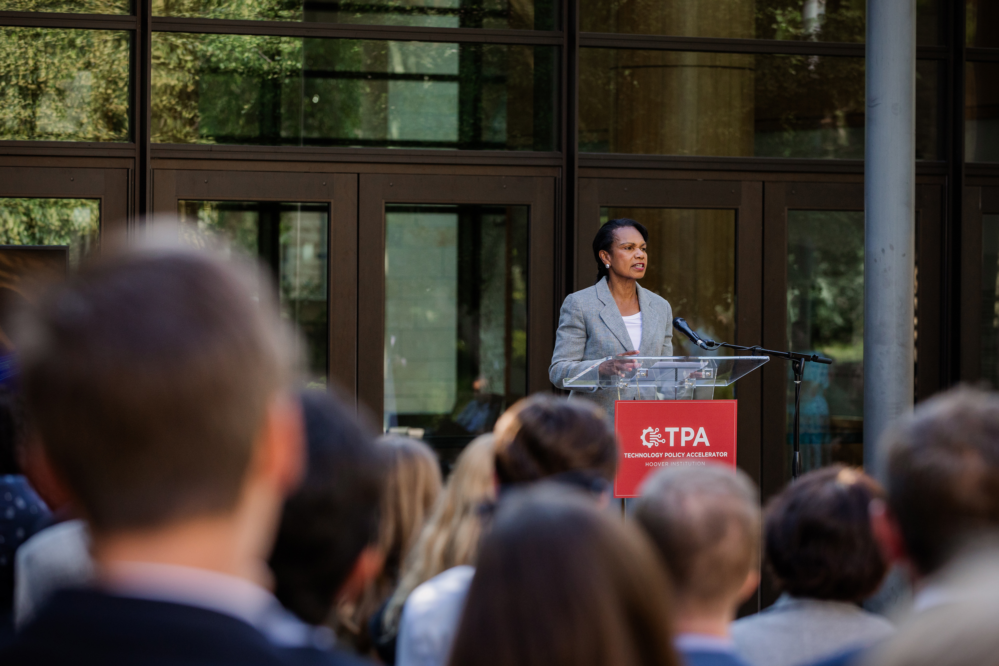Hoover Institution Director Condoleezza Rice speaks at the launch of the Technology Policy Accelerator in Hoover’s Fairweather Courtyard on June 16, 2025. (Patrick Beaudouin)