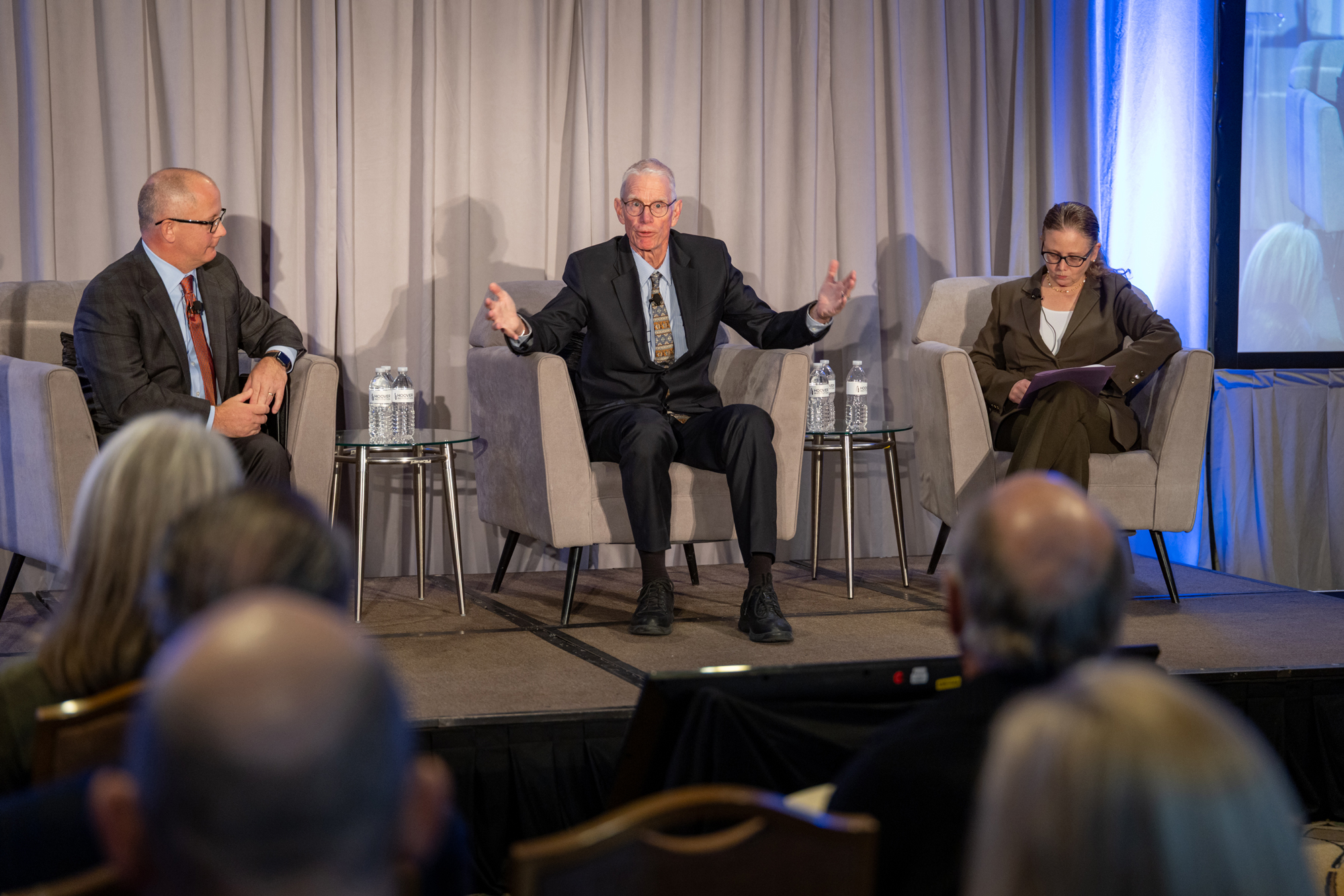Senior Fellow Josiah Ober (center) speaks alongside RAI Assistant Director Tom Schnaubelt (left) and RAI Director Brandice Canes-Wrone at the Hoover Institution Winter Board of Overseers meeting on February 24, 2025.