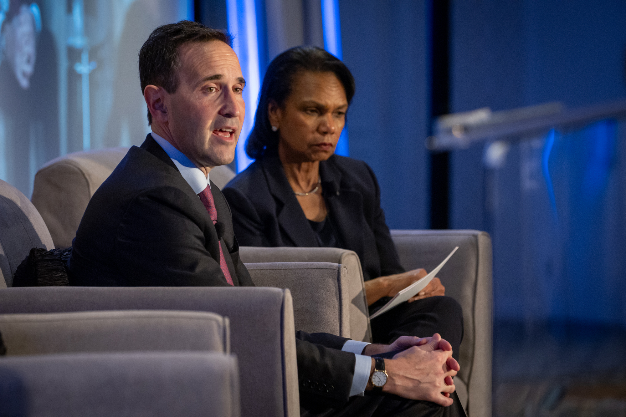Stanford University President Jonathan Levin and Hoover Institution Director Condoleezza Rice speak at the Hoover Institution Winter Board of Overseers meeting in Washington, DC, on February 24, 2025. 