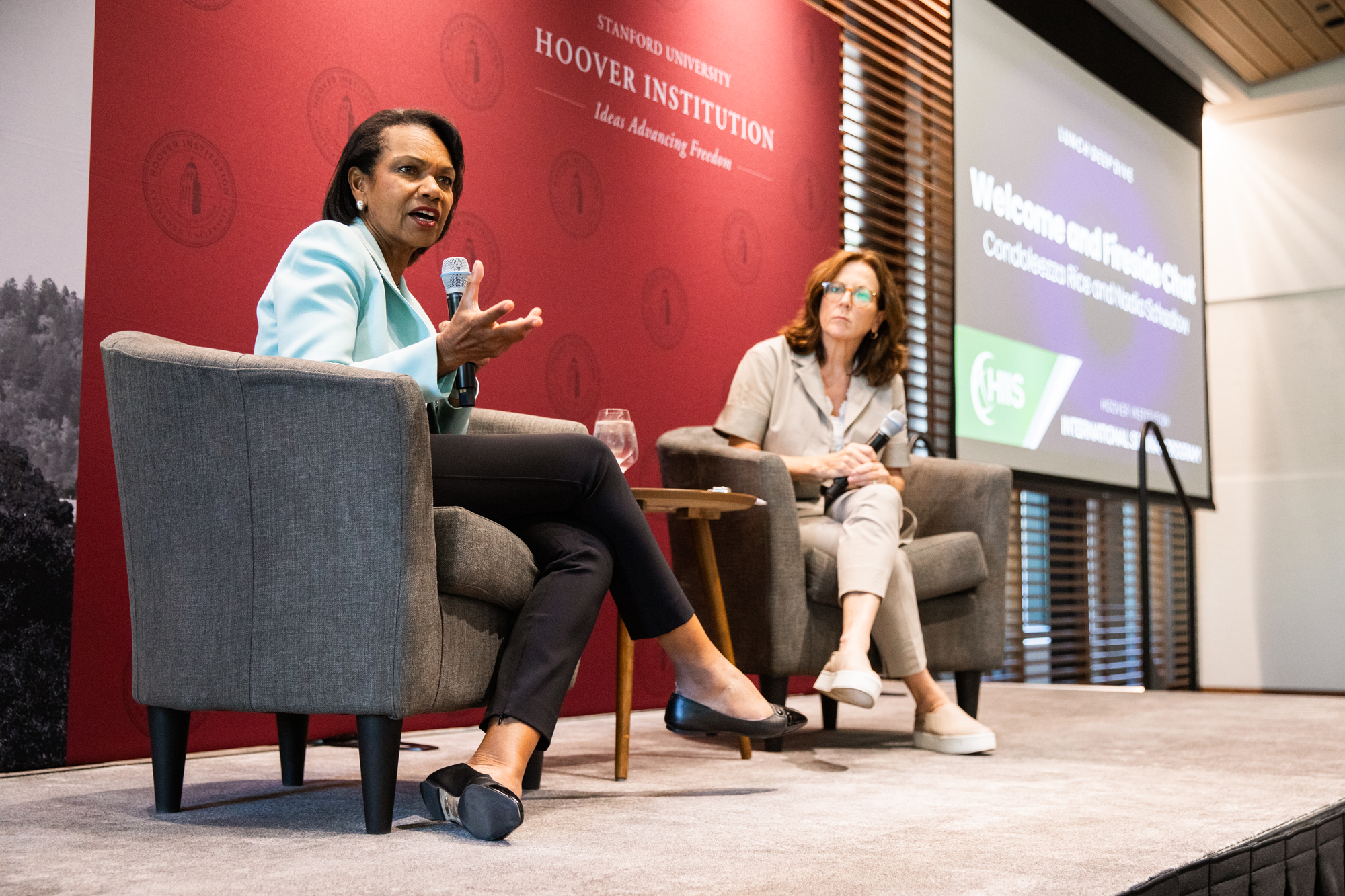 Hoover Institution Director Condoleezza Rice and National Security Visiting Fellow Nadia Schadlow speak in Shultz Auditorium on June 23, 2025. (Patrick Beaudouin)
