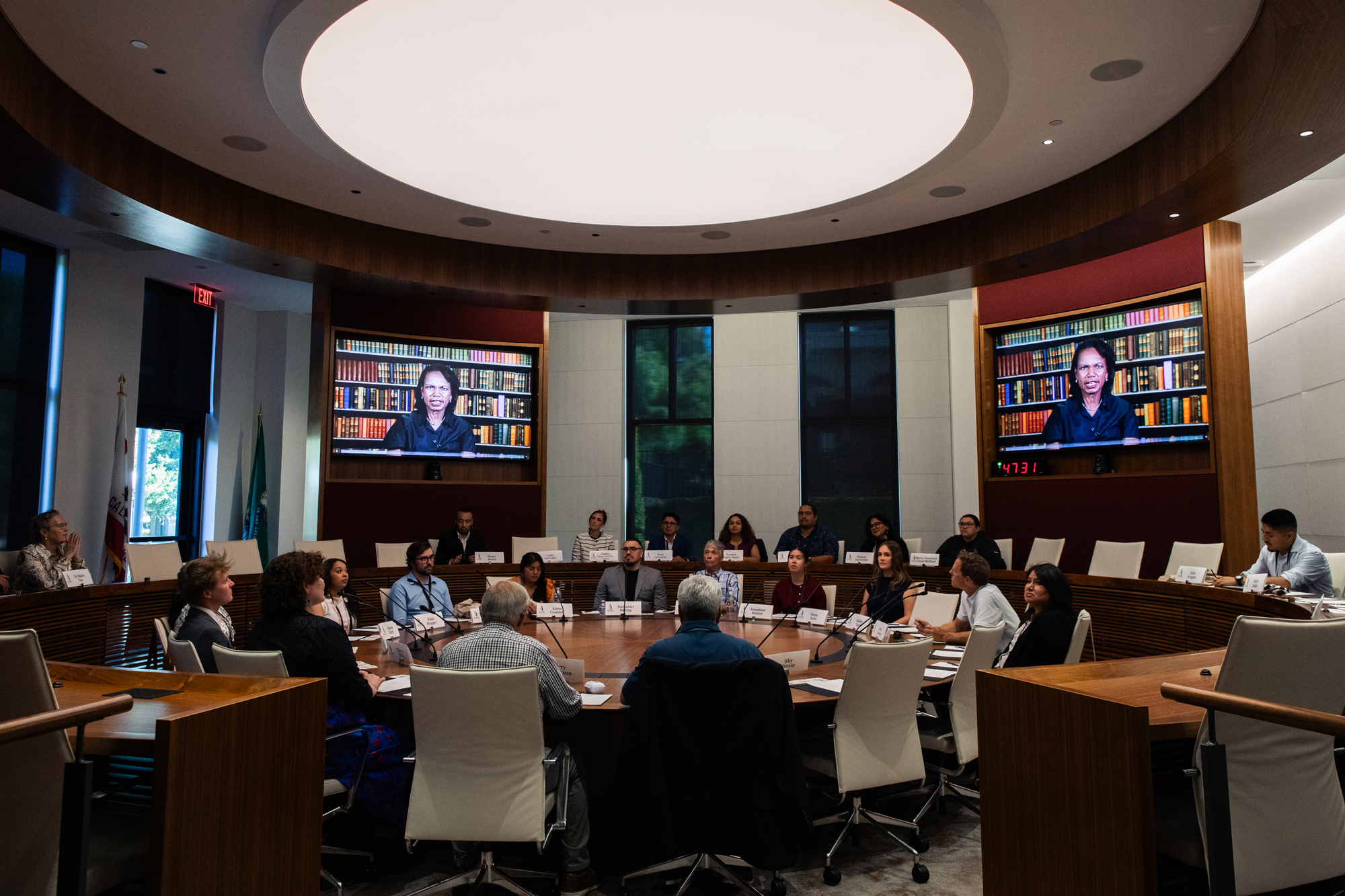 Hoover Institution Director Condoleezza Rice addresses attendees virtually on August 4, 2025. (Patrick Beaudouin)
