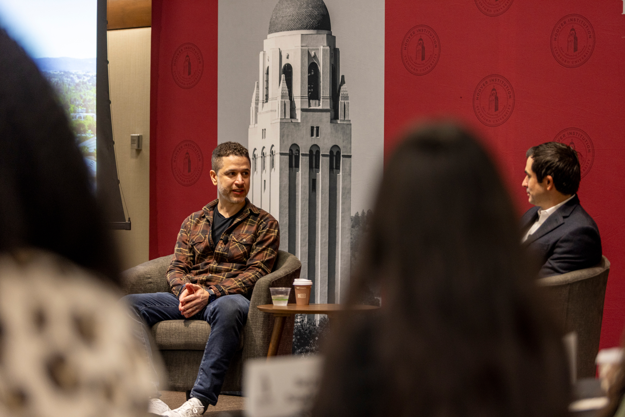 Joseph Walla, cofounder of HelloSign, speaks with Chase Koontz in Stauffer Auditorium on October 1, 2025 (Daniel Beck)