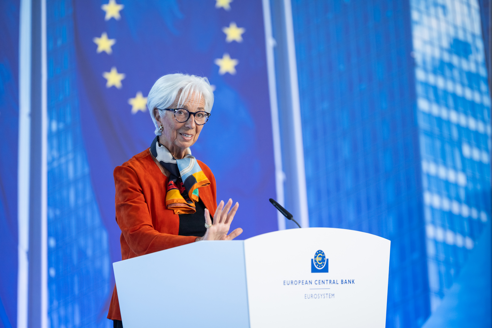 European Central Bank President Christine Lagarde delivers opening remarks. Photo credit: Adrian Petty/ECB
