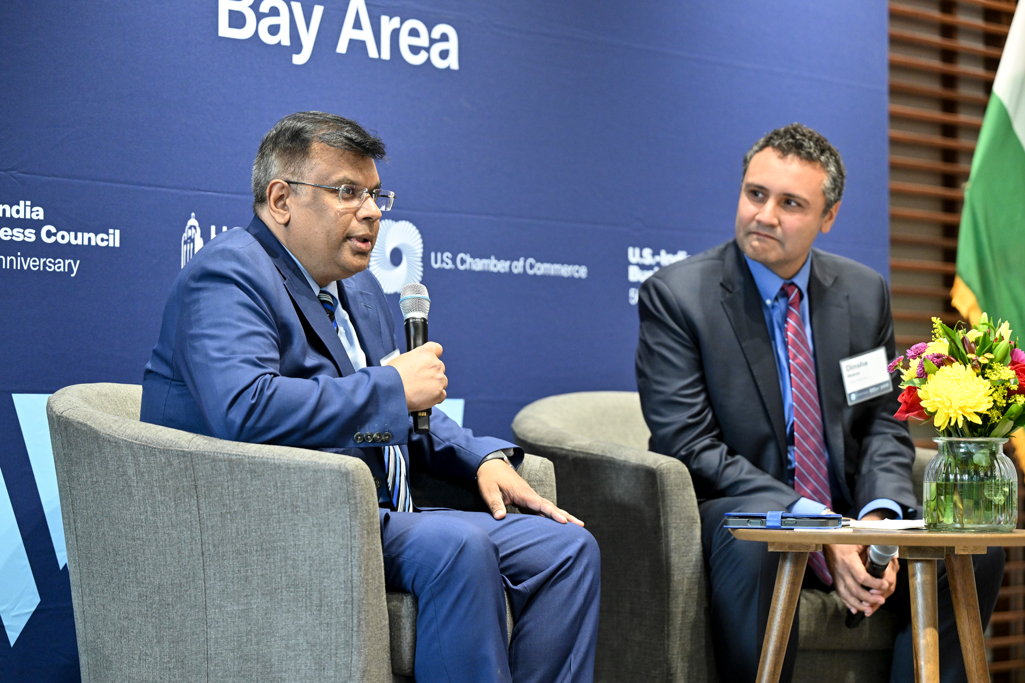 Fellows Vivek Lall (right) and Dinsha Mistree speak about the potential of the Indian diaspora in the United States on September 10, 2025. (Rod Searcey)