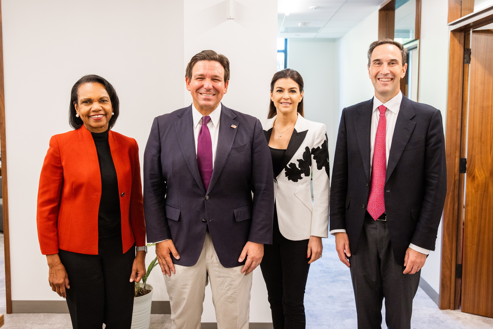 Hoover Institution Director Condoleezza Rice, Florida Governor Ron DeSantis, Casey DeSantis, and Stanford President Jonathan Levin are seen at the Hoover Institution on October 17, 2025. (Patrick Beaudouin)