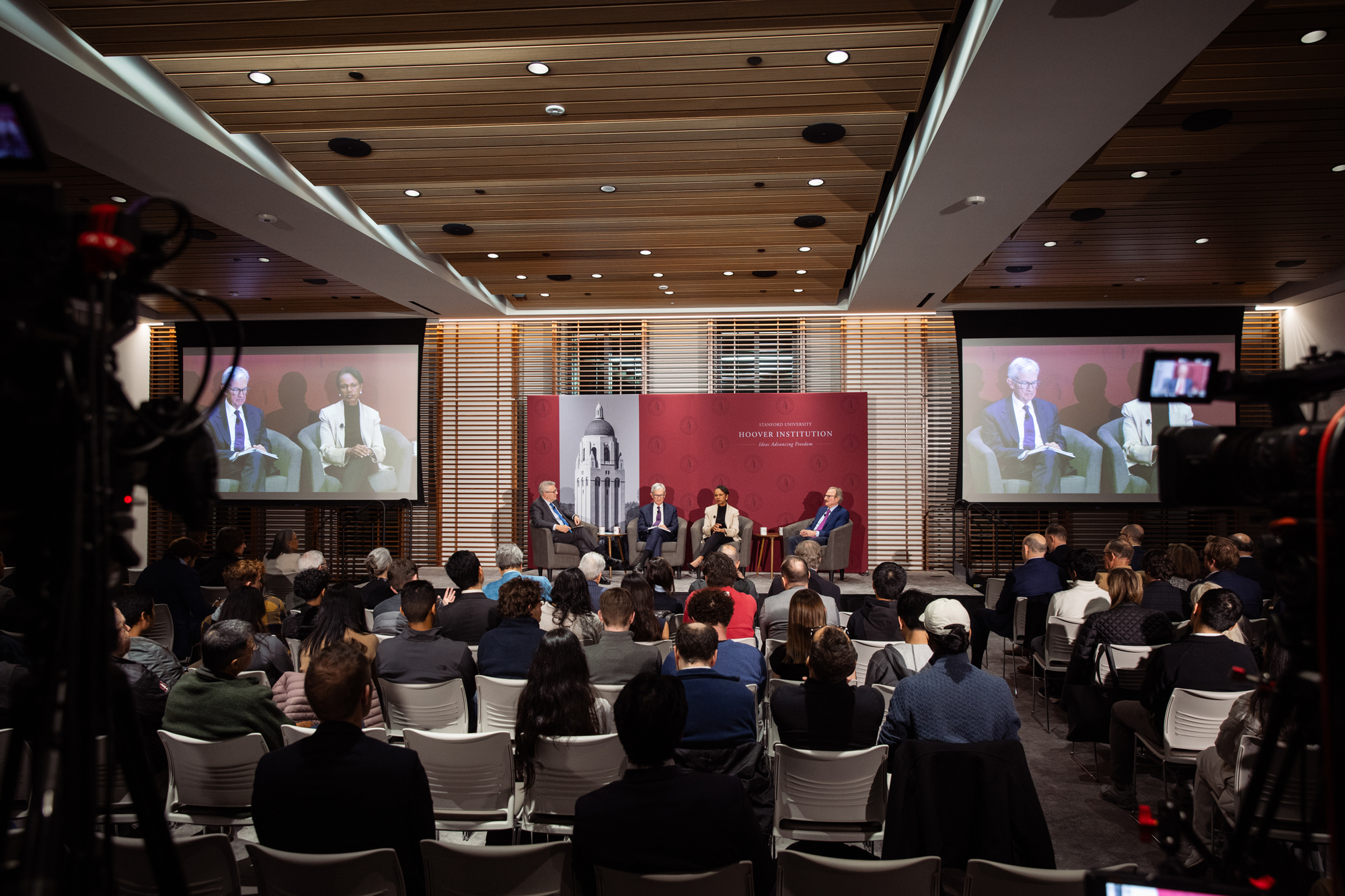 Attendees of a public lecture on the economic legacy of George Shultz are seen in Shultz Auditorium on December 1, 2025. (Patrick Beaudouin)