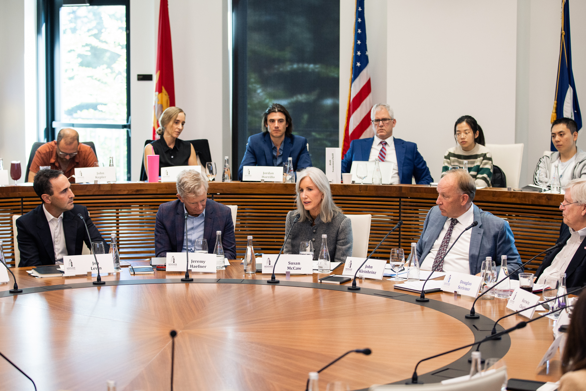 (From left to right) Stanford University President Jonathan Levin, University of Denver Chancellor Jeremy Haefner, Hoover Institution Board of Overseers Chair Susan McCaw, and Hoover Institution Board of Overseers Vice-Chair Robert Grady are seen in the Annenberg Conference Room on November 6, 2025. (Patrick Beaudouin)