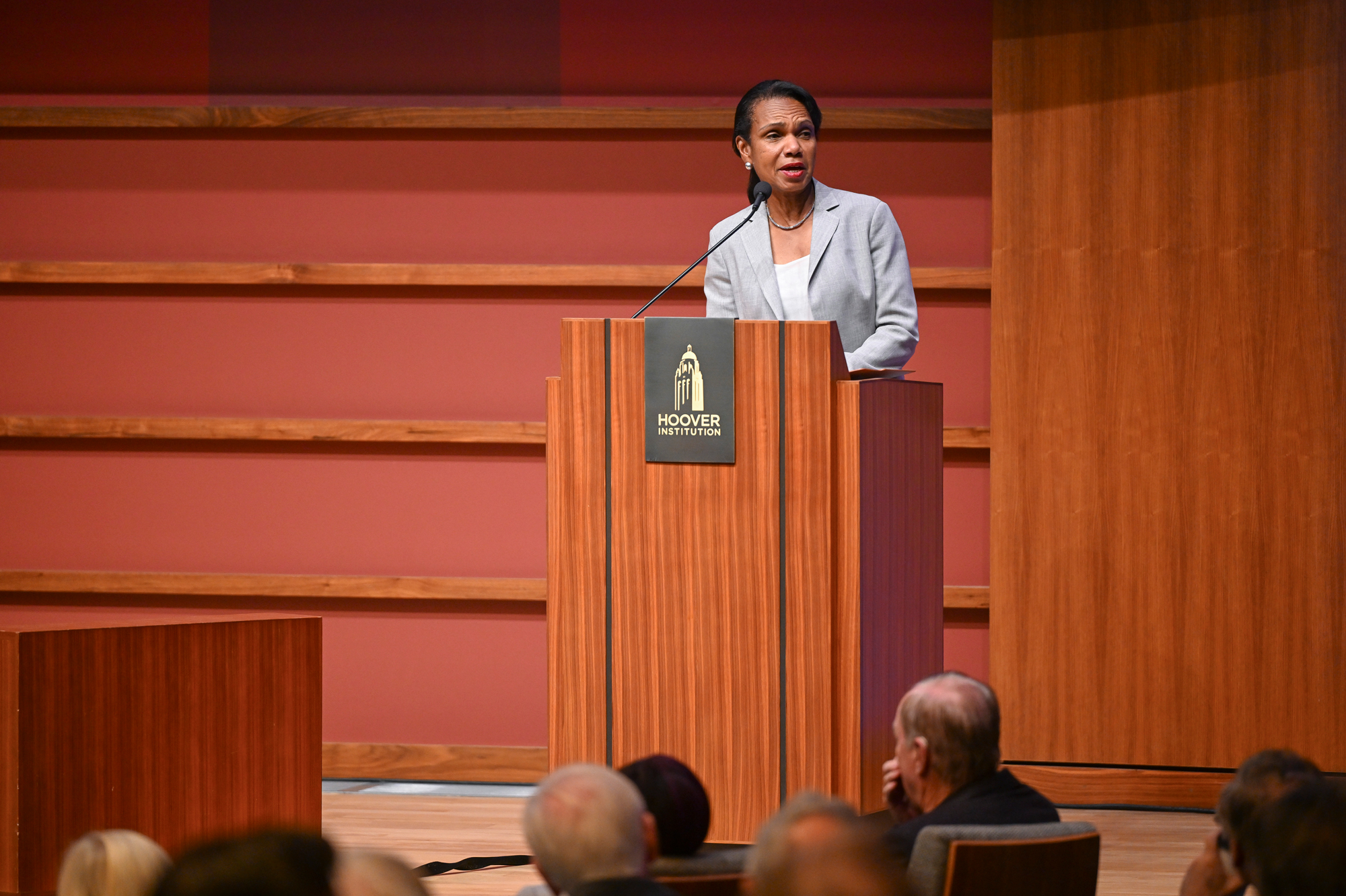 Hoover Institution Director Condoleezza Rice speaks about Thomas Sowell in Hauck Auditorium on October 20, 2025. (Patrick Beaudouin)
