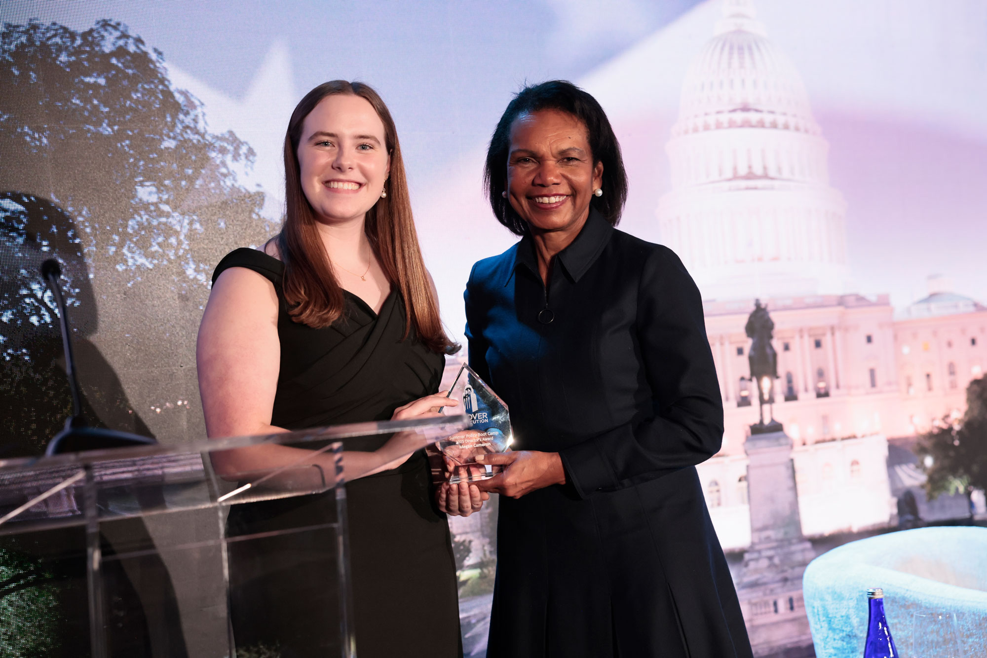 HISPBC Director’s Award Winner Meghan Cameron and Hoover Institution Director Condoleezza Rice are seen at Hoover’s Winter Board of Overseers meeting on February 22, 2026. (Eric Draper)