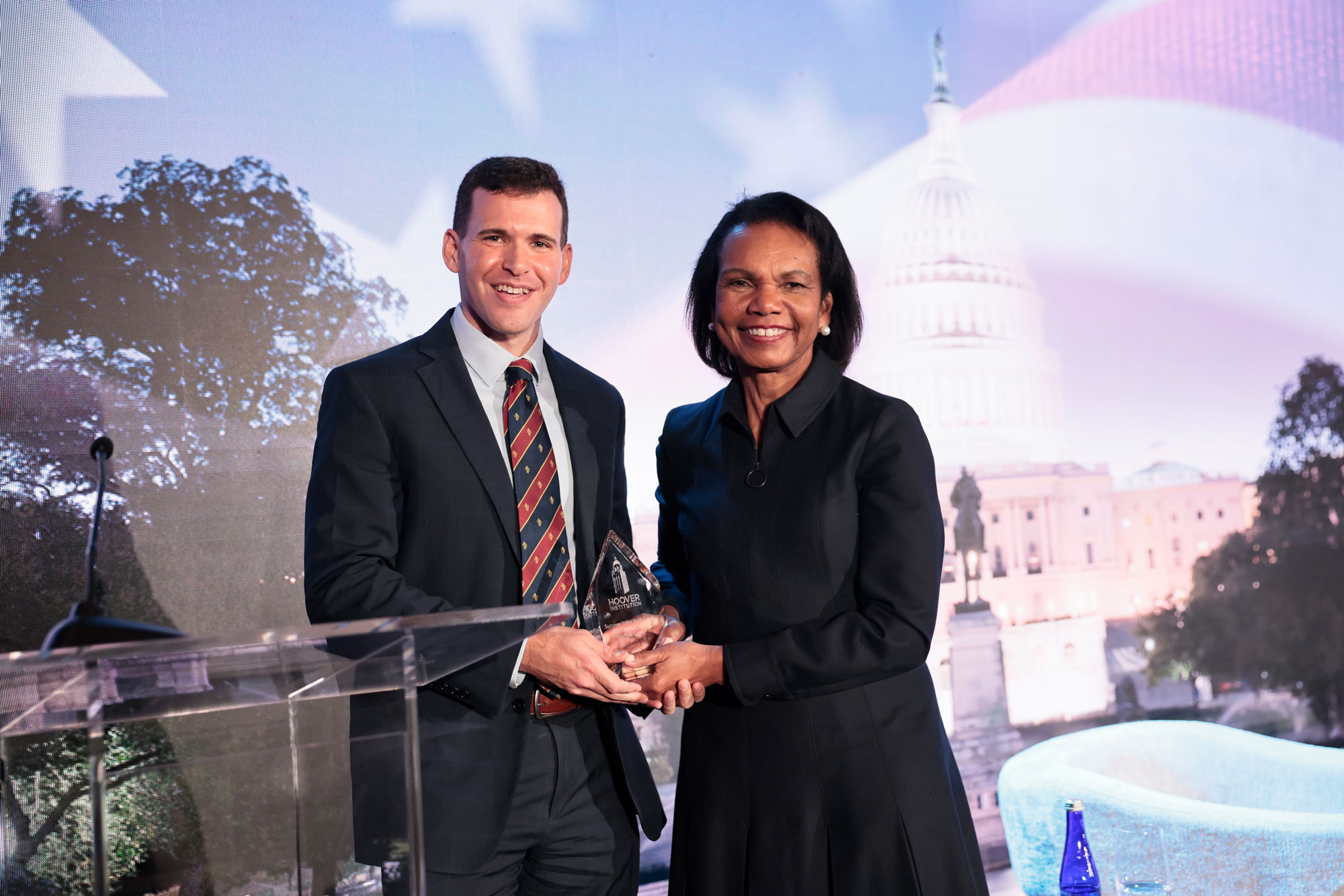 HISPBC Director’s Award Winner Michael Cartier and Hoover Institution Director Condoleezza Rice are seen at Hoover’s Winter Board of Overseers meeting on February 22, 2026. (Eric Draper)