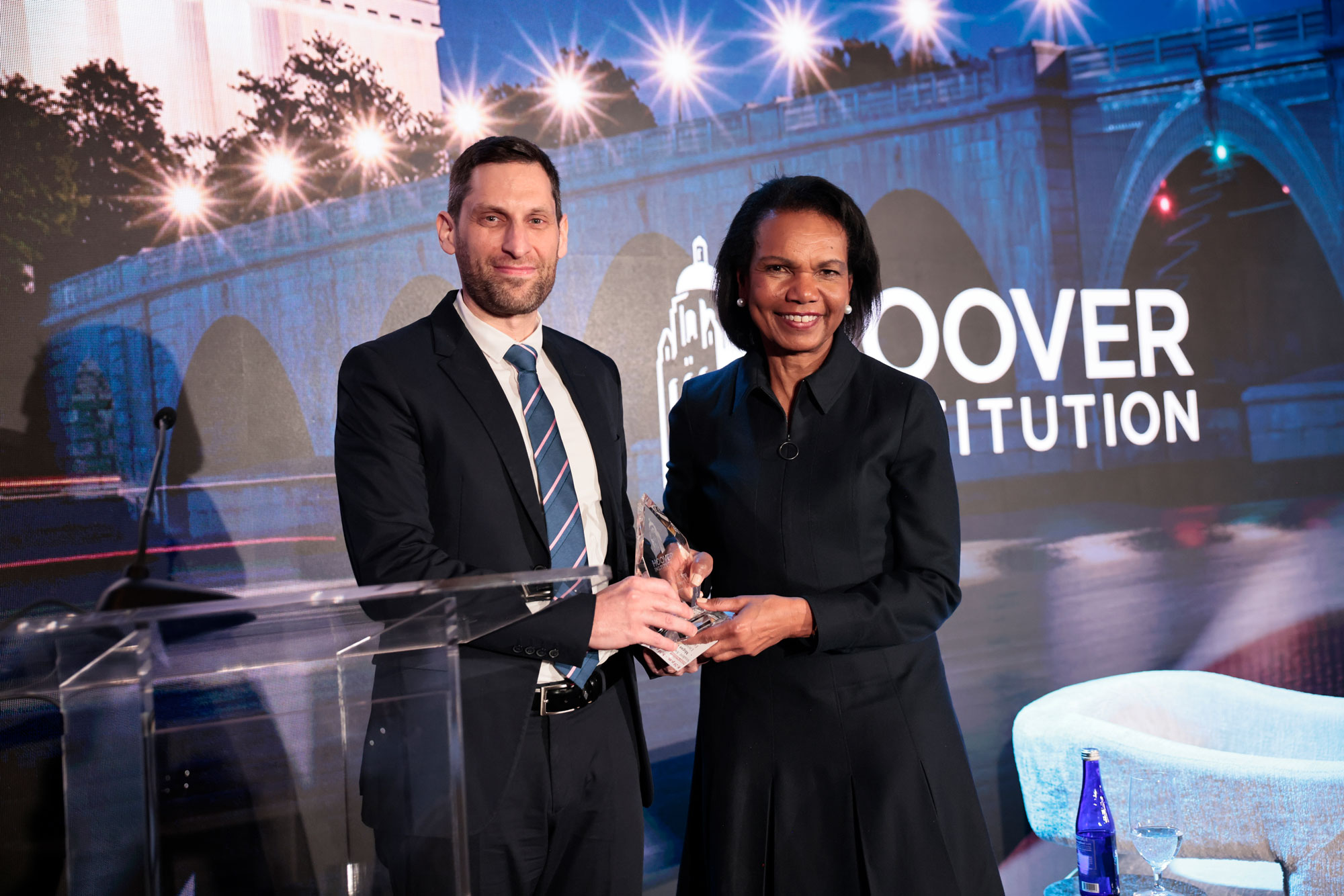 HISPBC Director’s Award Winner Alon Mannor and Hoover Institution Director Condoleezza Rice are seen at Hoover’s Winter Board of Overseers meeting on February 22, 2026. (Eric Draper)