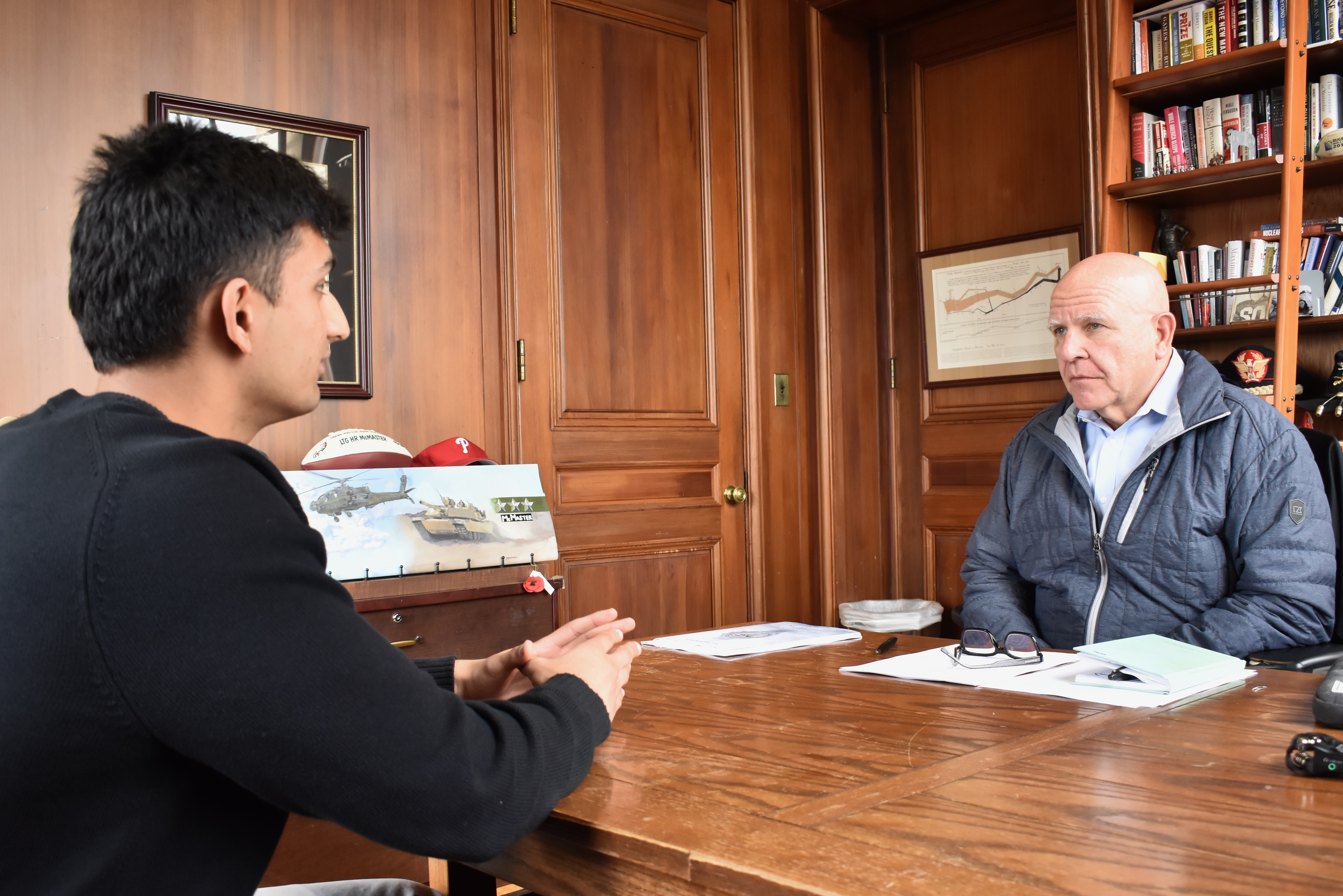 Ahvish Roy (left) and H.R. McMaster discuss Roy’s work at Hoover inside McMaster’s office in Hoover Tower on January 21, 2026. (Chris Herhalt)