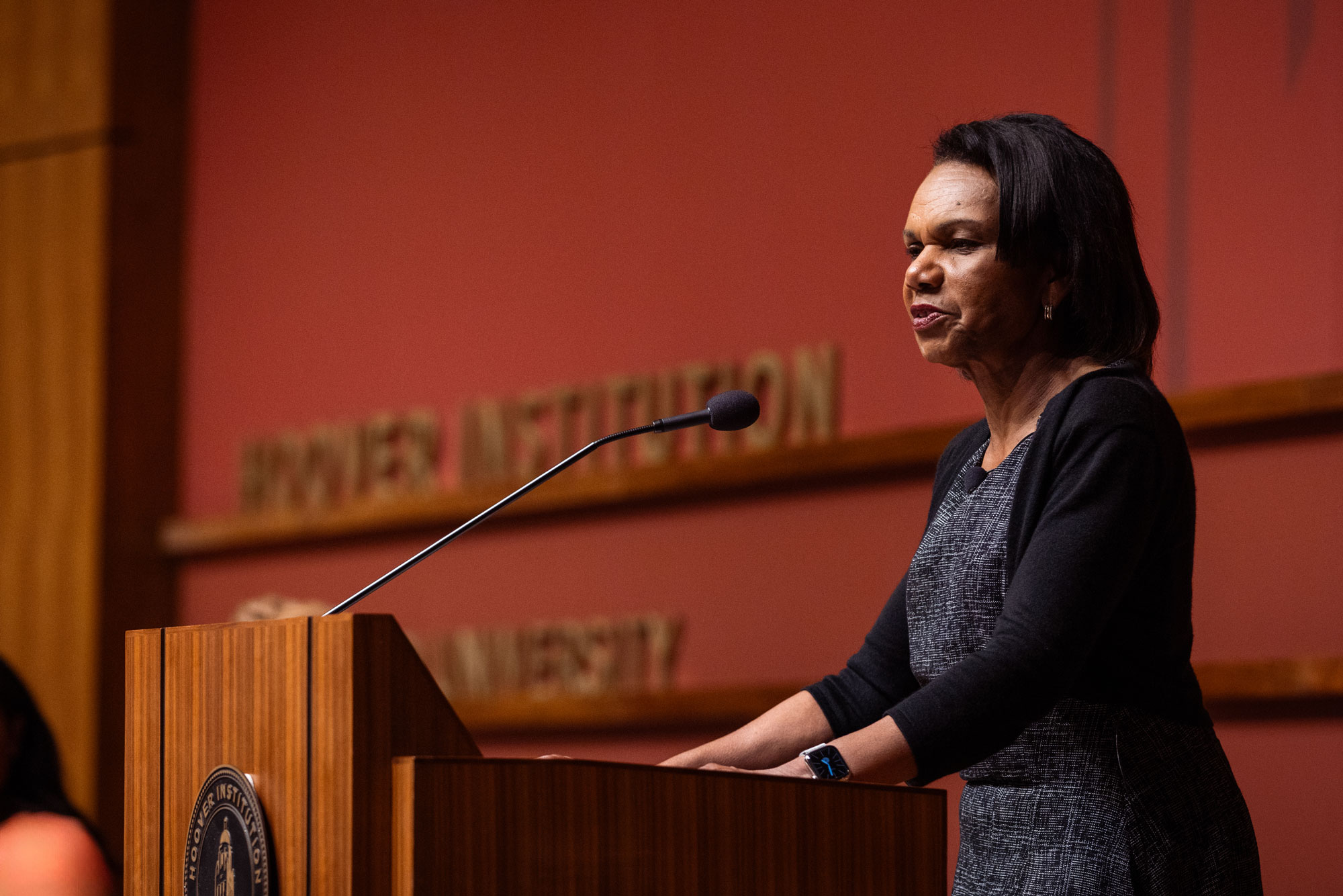 Hoover Institution Director Condoleezza Rice speaks about AI’s impact on the economy in Hauck Auditorium on March 17, 2026. (Patrick Beaudouin)